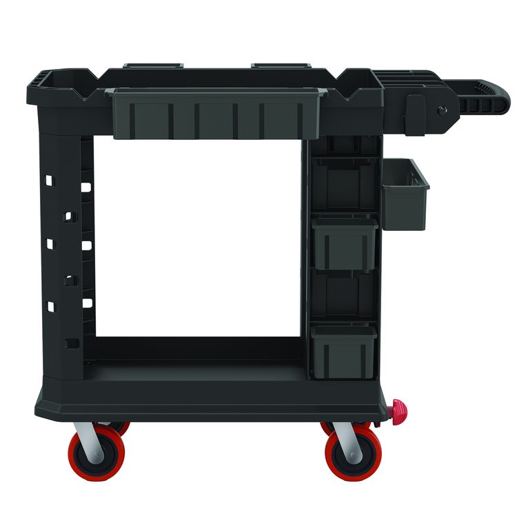 Heavy Duty Plus Utility Cart, Plastic, 2 Shelves, 6 Bins, 500 lb Capacity, 19.5" x 41.78" x 34.81", Black