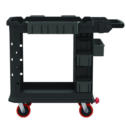 Heavy Duty Plus Utility Cart, Plastic, 2 Shelves, 6 Bins, 500 lb Capacity, 19.5" x 41.78" x 34.81", Black
