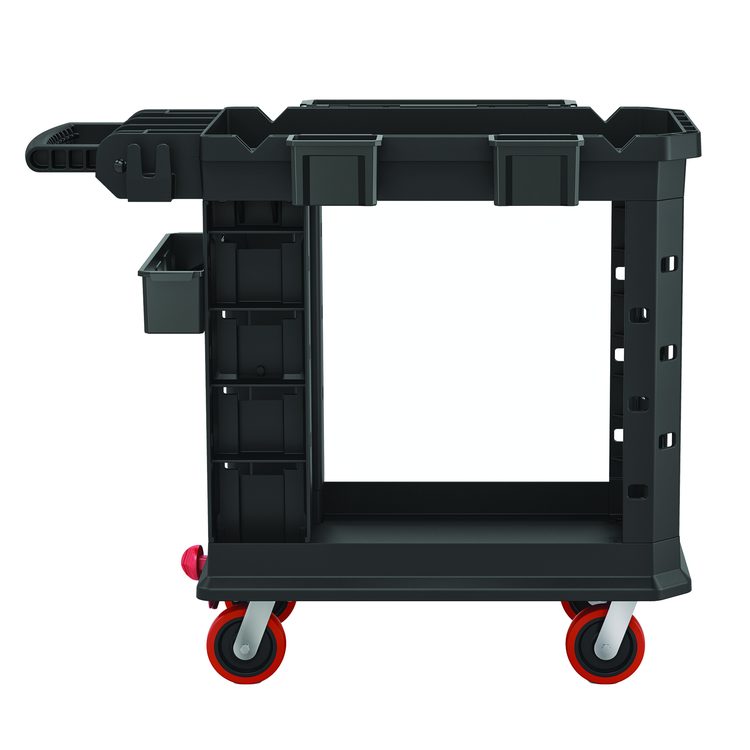 Heavy Duty Plus Utility Cart, Plastic, 2 Shelves, 6 Bins, 500 lb Capacity, 19.5" x 41.78" x 34.81", Black