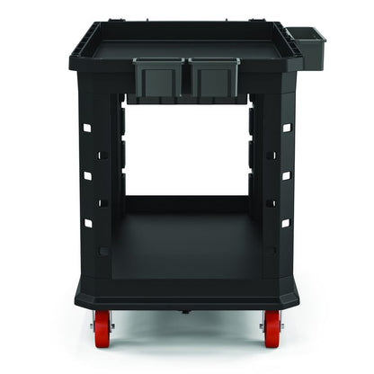 Heavy Duty Plus Utility Cart, Plastic, 2 Shelves, 6 Bins, Capacity, 26.5" x 48.78" x 34.81", Black
