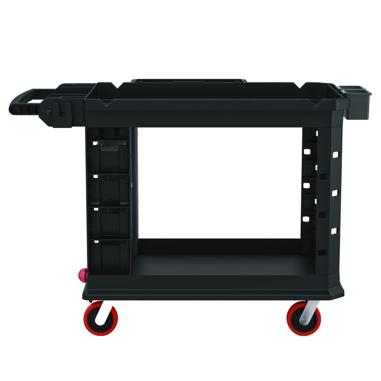 Heavy Duty Plus Utility Cart, Plastic, 2 Shelves, 6 Bins, Capacity, 26.5" x 48.78" x 34.81", Black