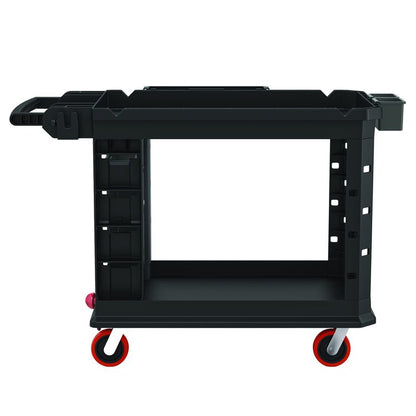 Heavy Duty Plus Utility Cart, Plastic, 2 Shelves, 6 Bins, Capacity, 26.5" x 48.78" x 34.81", Black
