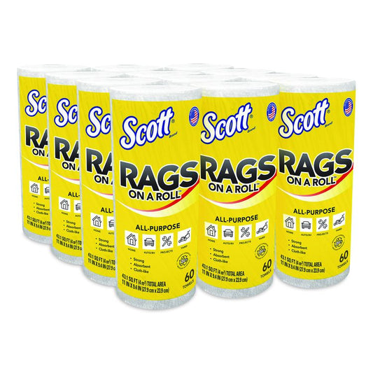Rags On A Roll, 1-Ply, 9.4 x 11, White, 60/Roll, 12 Rolls/Carton
