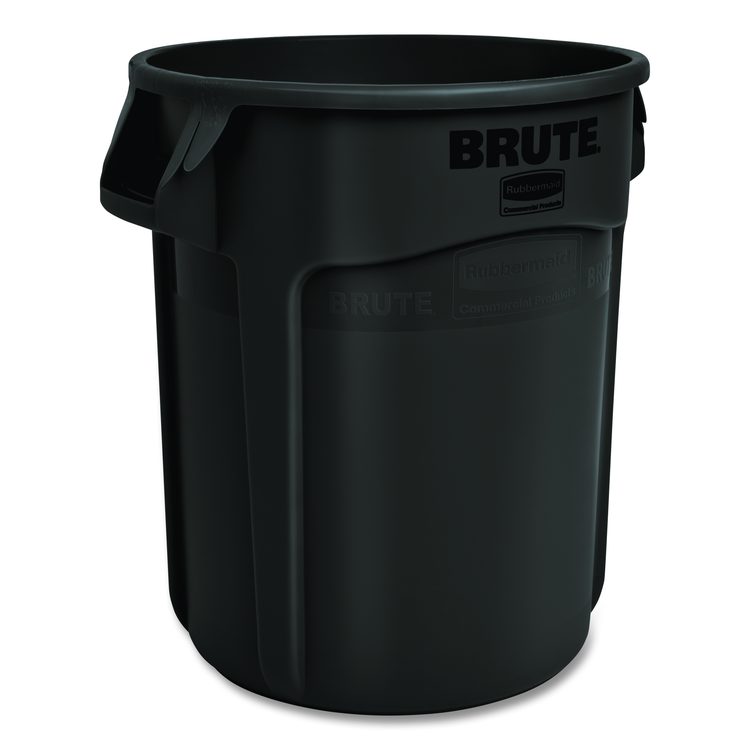Vented Round Brute Container, 32 gal, Plastic, Black, 6/Carton