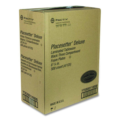 Placesetter Deluxe Laminated Foam Dinnerware, 3-Compartment Plate, 9" dia, Black, 500/Carton