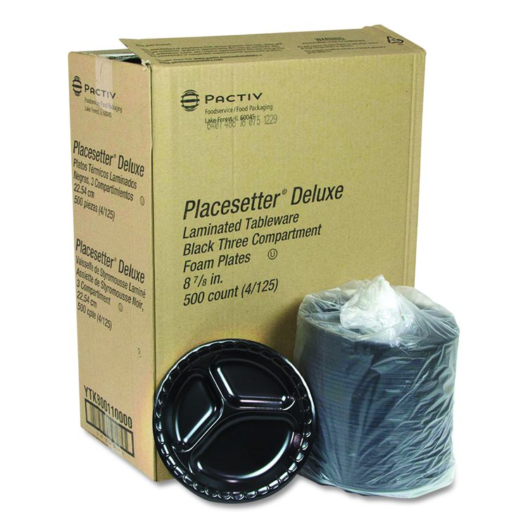 Placesetter Deluxe Laminated Foam Dinnerware, 3-Compartment Plate, 9" dia, Black, 500/Carton
