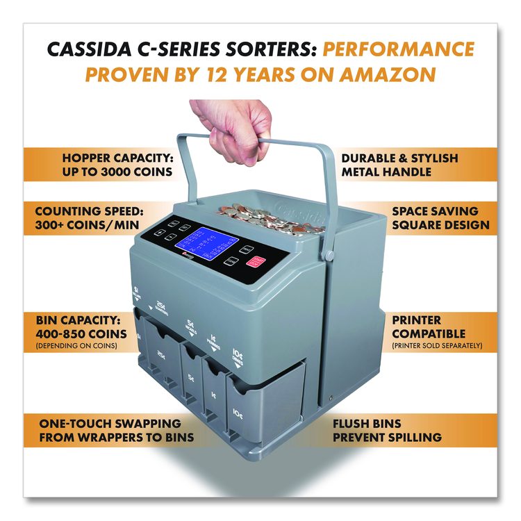 C300 Series Coin Sorter/Counter for Pennies, Nickels, Dimes, Quarters and Dollars, 300 coins/min, 11" x 11" x 10", Gray