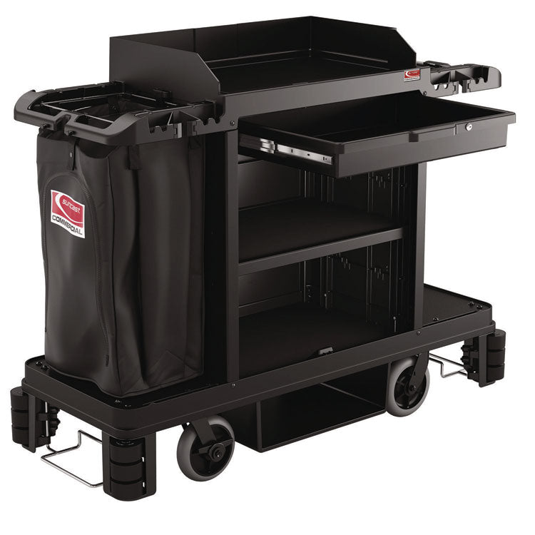 Partially Assembled Premium Housekeeping Cart, Plastic, 1 Shelf, 24 x 62.13 x 49.75, Black
