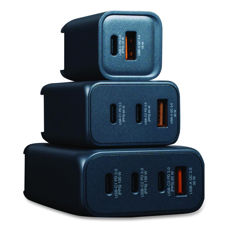65 W 3-Port GaN Wall Charger, Black/Gray