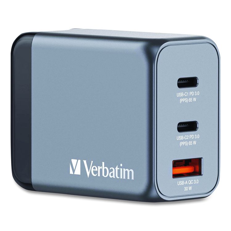 65 W 3-Port GaN Wall Charger, Black/Gray
