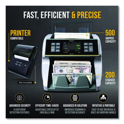 KBR1500V2 Mixed Denomination Cash Counter, 1,200 bills/min, 9.5" x 11" x 10.4", Gray