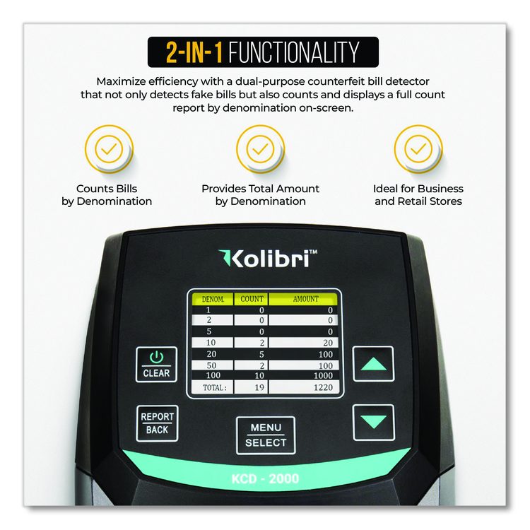 KCD-2000 Counterfeit Detector for USD, 10 Detection Methods, 5" x 6" x 5", Black/Gray