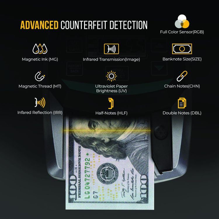 KCD-2000 Counterfeit Detector for USD, 10 Detection Methods, 5" x 6" x 5", Black/Gray