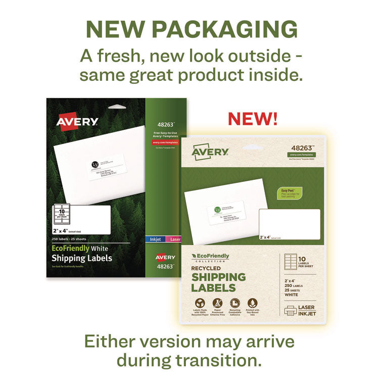 EcoFriendly Mailing Labels, Inkjet/Laser Printers, 2 x 4, White, 10/Sheet, 25 Sheets/Pack