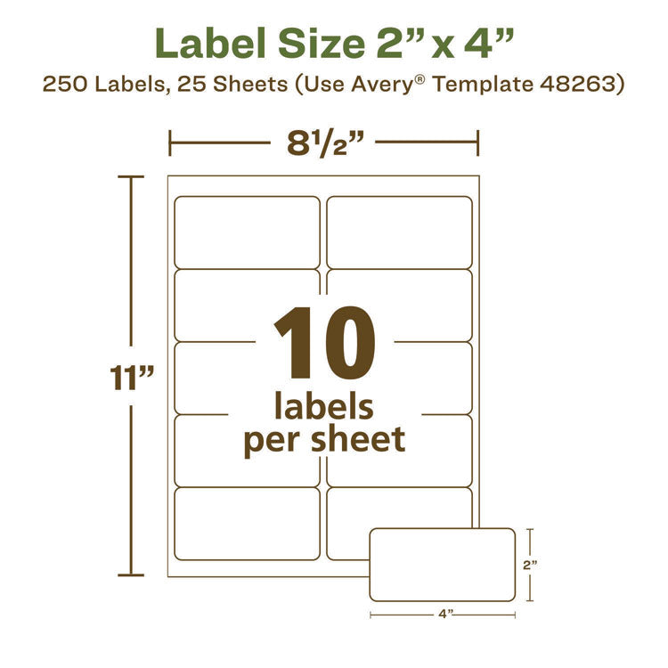 EcoFriendly Mailing Labels, Inkjet/Laser Printers, 2 x 4, White, 10/Sheet, 25 Sheets/Pack