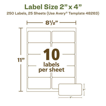 EcoFriendly Mailing Labels, Inkjet/Laser Printers, 2 x 4, White, 10/Sheet, 25 Sheets/Pack