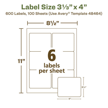 EcoFriendly Mailing Labels, Inkjet/Laser Printers, 3.33 x 4, White, 6/Sheet, 100 Sheets/Pack