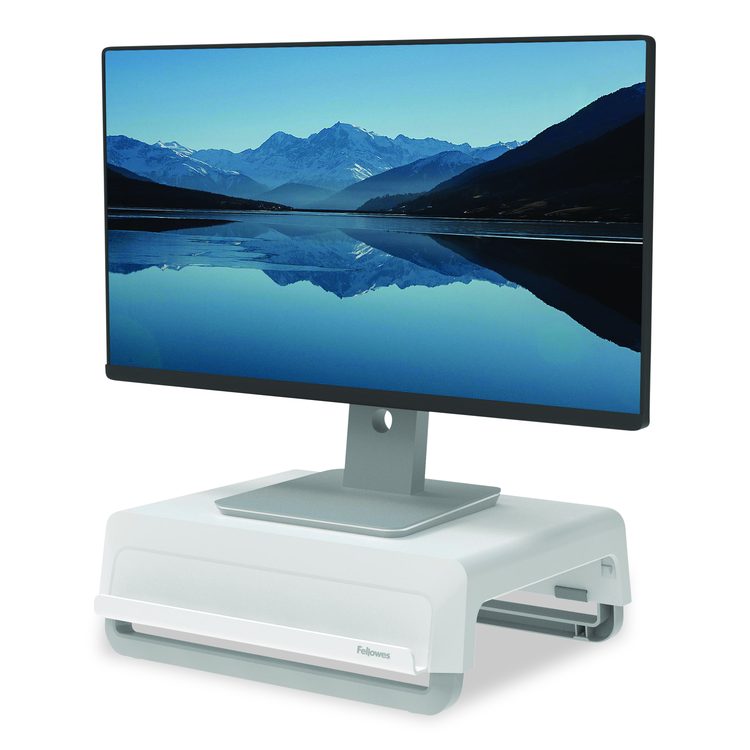 Breyta Monitor Stand, 13.94" x 11.97" x 3.25" to 6", White, Supports 33 lbs