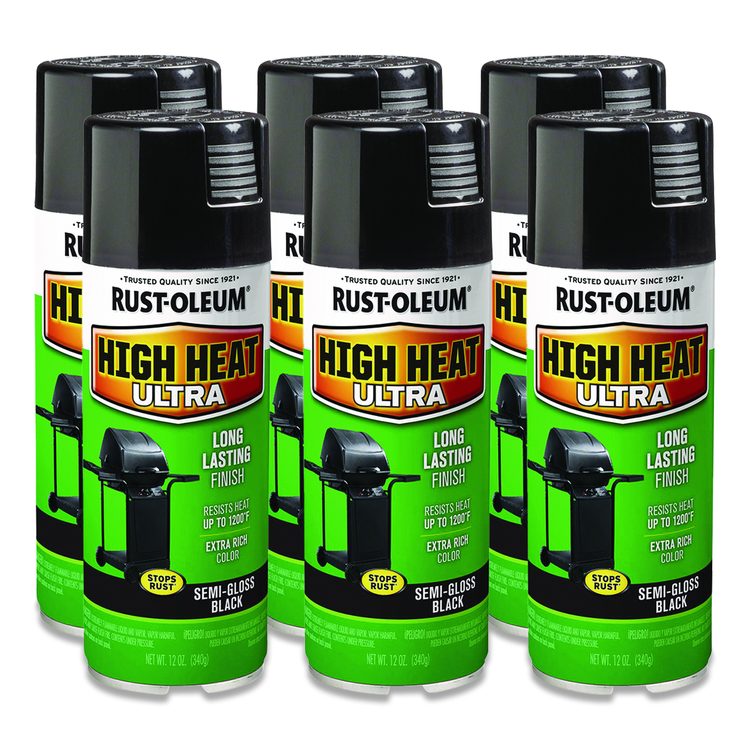 High Heat Enamel Spray Paint, Semi-Gloss Black, 12 oz Aerosol Can, 6/Carton