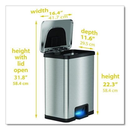 Step Pedal-Sensor Trash Can, 13 gal, Plastic/Stainless Steel, Silver/Black