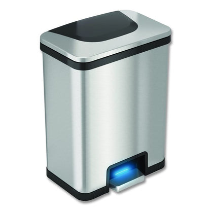 Step Pedal-Sensor Trash Can, 13 gal, Plastic/Stainless Steel, Silver/Black