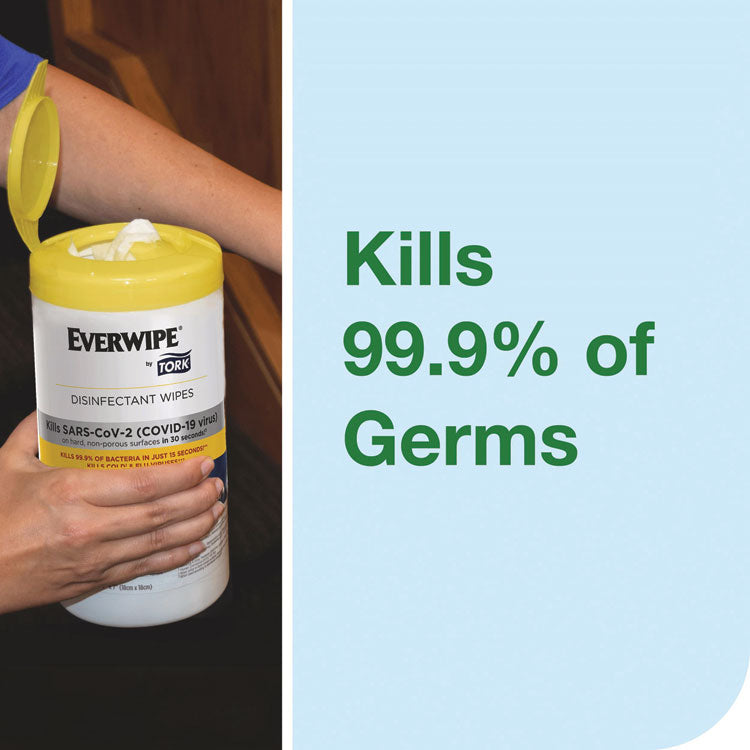 Everwipe by Tork Disinfectant Wipe Canisters, 1-Ply, 7 x 7, Lemon, White, 75 Sheets/Canister, 6/Carton
