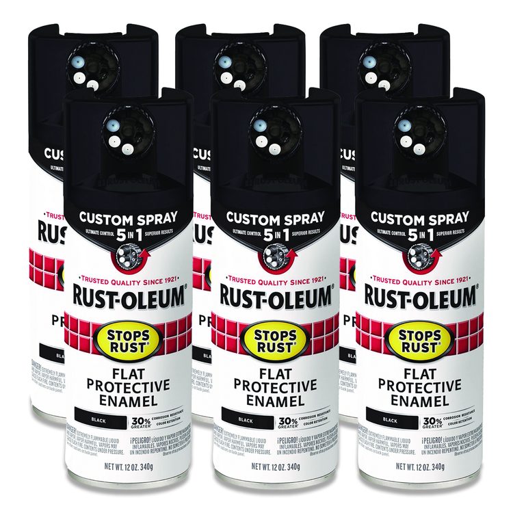 Stops Rust 5-in-1 Spray Paint, Flat Black, 12 oz Aerosol Can, 6/Carton