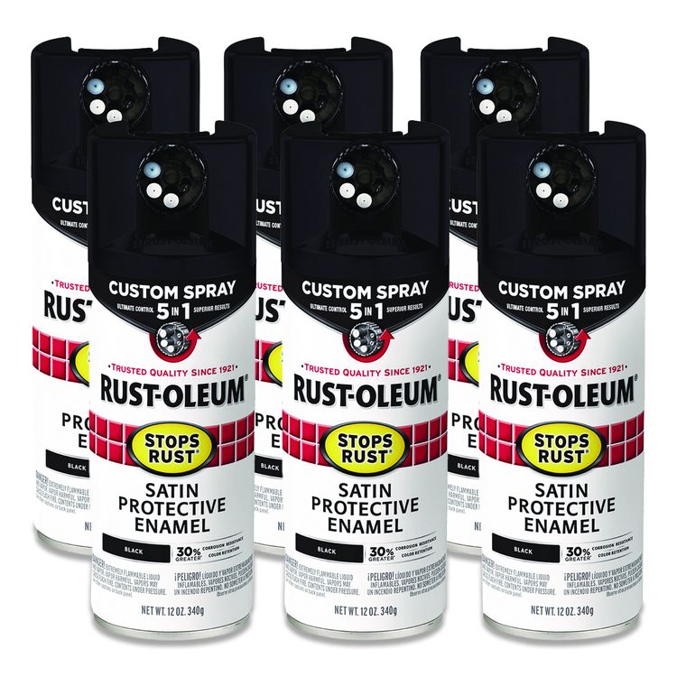 Stops Rust 5-in-1 Spray Paint, Satin Black, 12 oz Aerosol Can, 6/Carton