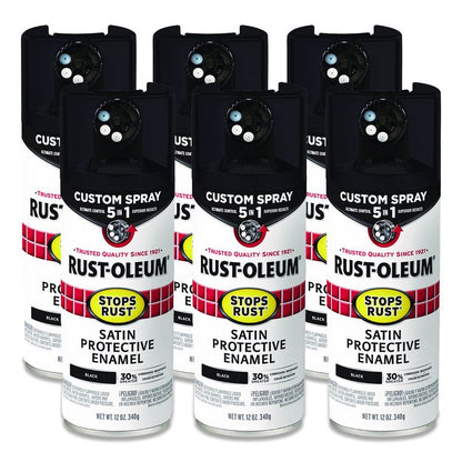 Stops Rust 5-in-1 Spray Paint, Satin Black, 12 oz Aerosol Can, 6/Carton
