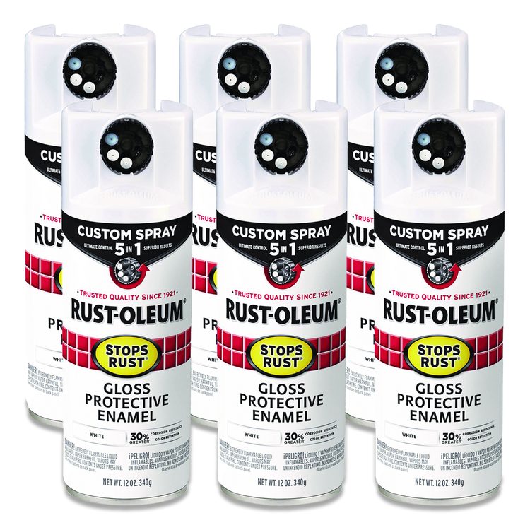 Stops Rust 5-in-1 Spray Paint, Gloss White, 12 oz Aerosol Can, 6/Carton