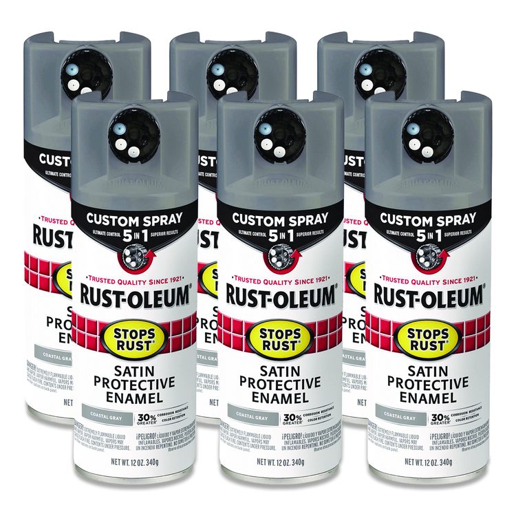 Stops Rust 5-in-1 Spray Paint, Satin Coastal Gray, 12 oz Aerosol Can, 6/Carton