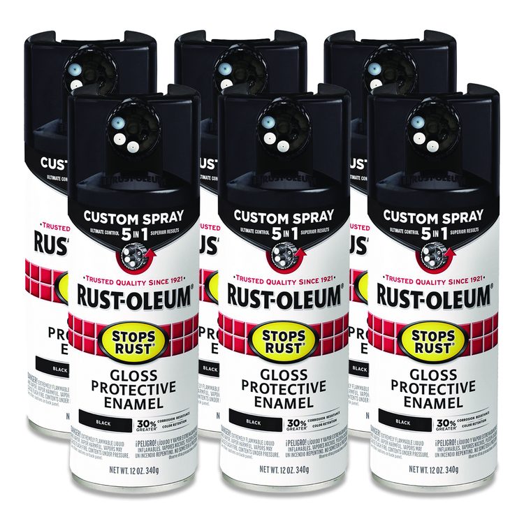 Stops Rust 5-in-1 Spray Paint, Gloss Black, 12 oz Aerosol Can, 6/Carton