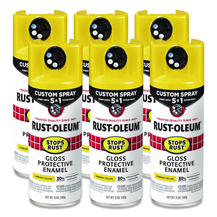 Stops Rust 5-in-1 Spray Paint, Gloss Sunburst Yellow, 12 oz Aerosol Can, 6/Carton