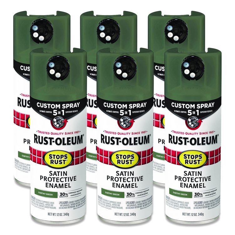Stops Rust 5-in-1 Spray Paint, Satin Earthy Green, 12 oz Aerosol Can, 6/Carton