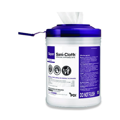Super Sani-Cloth Germicidal Disposable Wipes, 1-Ply, 6 x 6.75, Unscented, White, 160/Canister, 12 Canisters/Carton