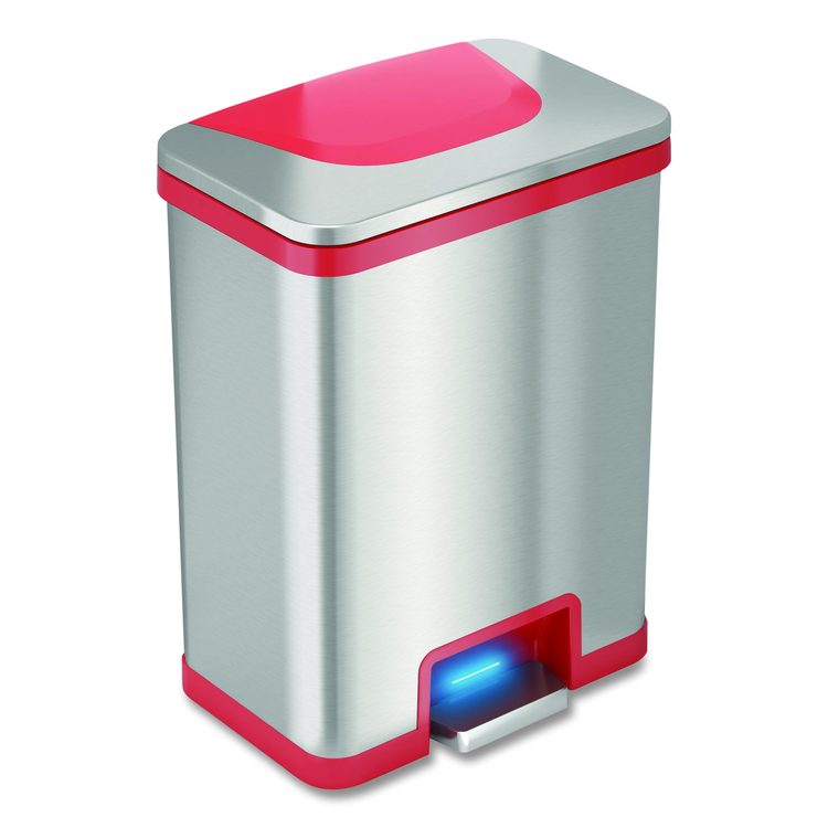 Step Pedal-Sensor Trash Can, 13 gal, Plastic/Stainless Steel, Silver/Red