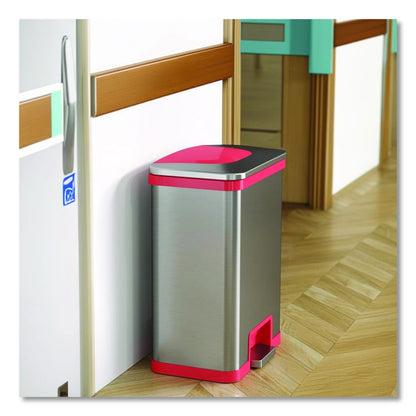 Step Pedal-Sensor Trash Can, 13 gal, Plastic/Stainless Steel, Silver/Red