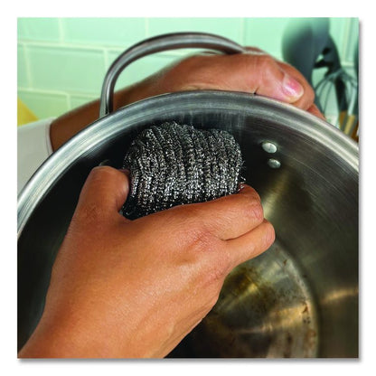 Stainless Steel Scrubber, Medium Size, Steel Gray, 72/Carton