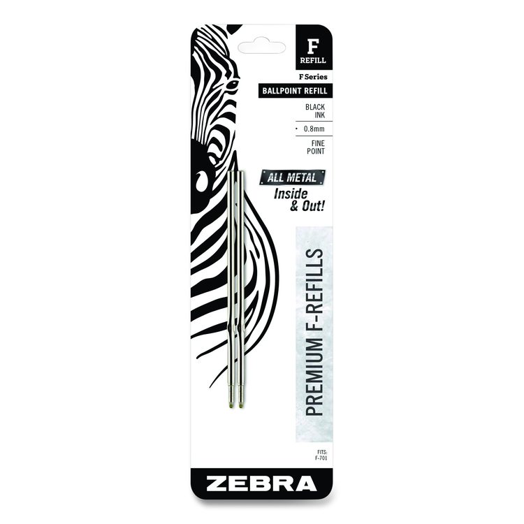 F-Series Ballpoint Stainless Steel Pen Refill, Fine 0.8 mm Conical Tip, Black Ink, 2/Pack