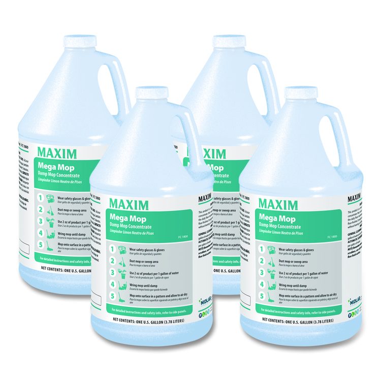 Mega Mop Damp Mop Concentrate, Lemon Scent, 1 gal Bottle, 4/Carton