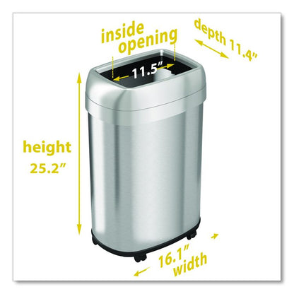 Open Top Trash Can with Wheels, Oval, 13 gal, Plastic/Stainless Steel, Silver