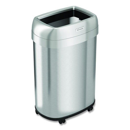 Open Top Trash Can with Wheels, Oval, 13 gal, Plastic/Stainless Steel, Silver