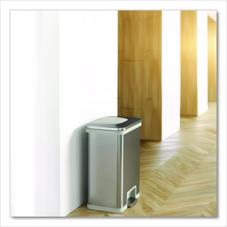 Step Pedal-Sensor Trash Can, 13 gal, Plastic/Stainless Steel, Silver/White
