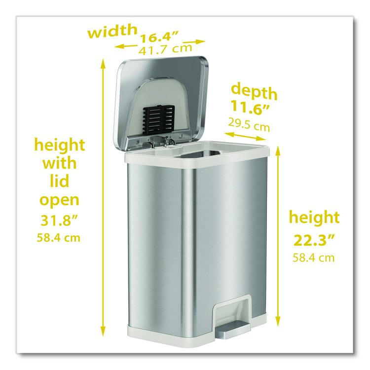 Step Pedal-Sensor Trash Can, 13 gal, Plastic/Stainless Steel, Silver/White