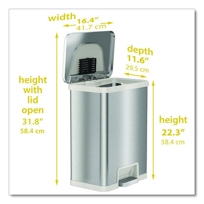 Step Pedal-Sensor Trash Can, 13 gal, Plastic/Stainless Steel, Silver/White