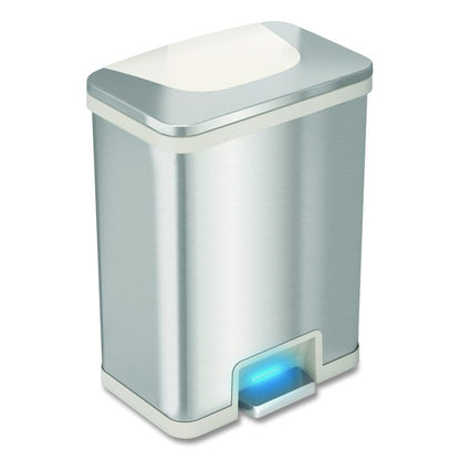 Step Pedal-Sensor Trash Can, 13 gal, Plastic/Stainless Steel, Silver/White
