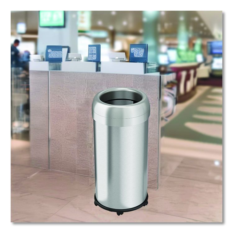 Open Top Trash Can with Wheels, Round, 16 gal, Plastic/Stainless Steel, Silver