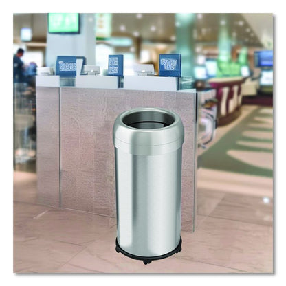 Open Top Trash Can with Wheels, Round, 16 gal, Plastic/Stainless Steel, Silver