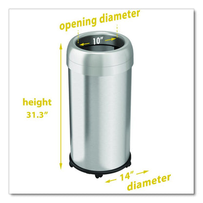 Open Top Trash Can with Wheels, Round, 16 gal, Plastic/Stainless Steel, Silver