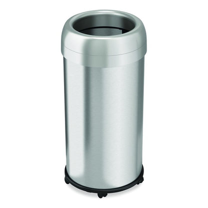 Open Top Trash Can with Wheels, Round, 16 gal, Plastic/Stainless Steel, Silver